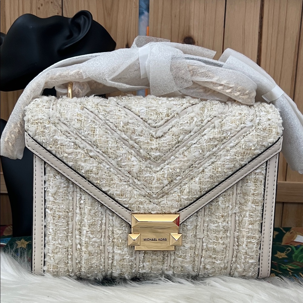 Michael Kors Whitney Cream Tweed Shoulder Bag with Gold Hardware